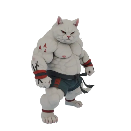 3D-Modell eines muskulösen weißen Katzenkriegers mit roten Augen, der Kampfkunstkleidung trägt und seinen mächtigen Körperbau