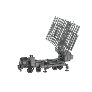 3D model of a grey mobile radar system mounted on a KAMAZ truck, with the radar dish angled upwards against a black backgroun