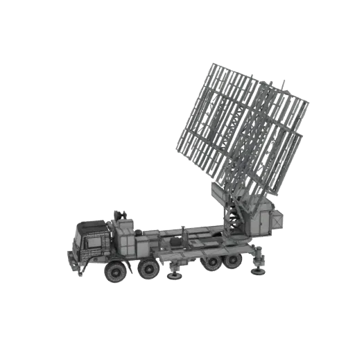 3D model of a grey mobile radar system mounted on a KAMAZ truck, with the radar dish angled upwards against a black backgroun