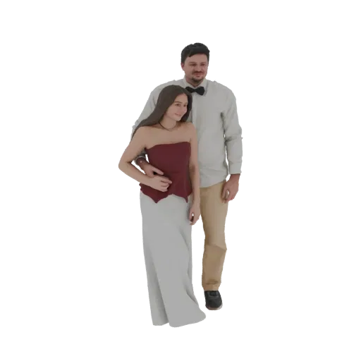 3D model of a smiling couple in formal attire, with the man in a shirt and bow tie and the woman in a strapless top and long