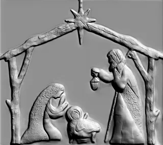 3D model of the Nativity bas-relief, depicting Mary, Joseph, and the infant Jesus under a star.