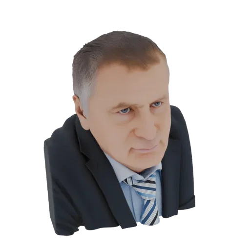 3D model render of a business man bust wearing a suit and tie, with a serious expression.
