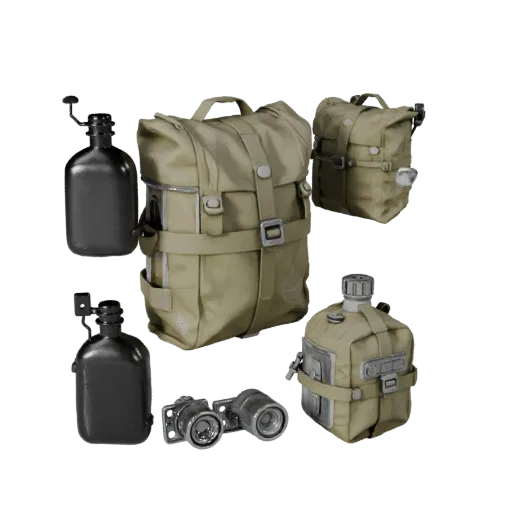 Survival Canteen Kit Realistic 3D model, three-quarter studio render, showing canvas, packable silhouettes.