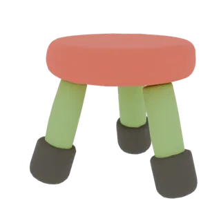 Modèle 3D d'un tabouret enfant avec assise ronde corail et trois pieds verts avec embouts gris.
