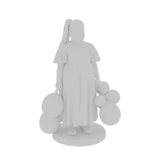 Modelo 3D de una niña estilizada con coleta, vestida y sosteniendo varios globos en cada mano, de pie sobre una base circular