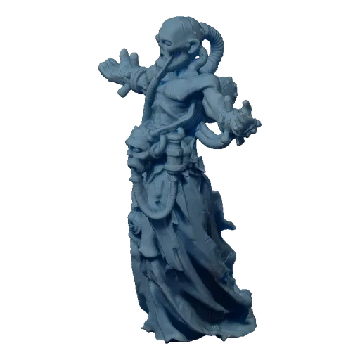 3D model of a gothic alchemist with a skeletal face, tattered robes, and arcane vials, standing with arms outstretched.