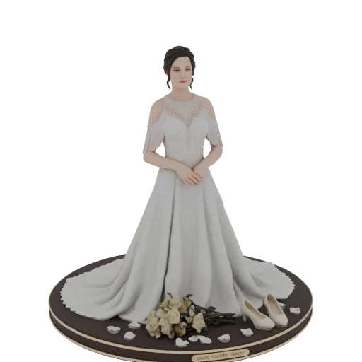 Modello 3D di una sposa con un abito da sposa bianco, in piedi su una base circolare con rose e scarpe.