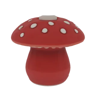 Modèle 3D d'un champignon rouge à pois blancs, ressemblant à une lampe, sur fond blanc.