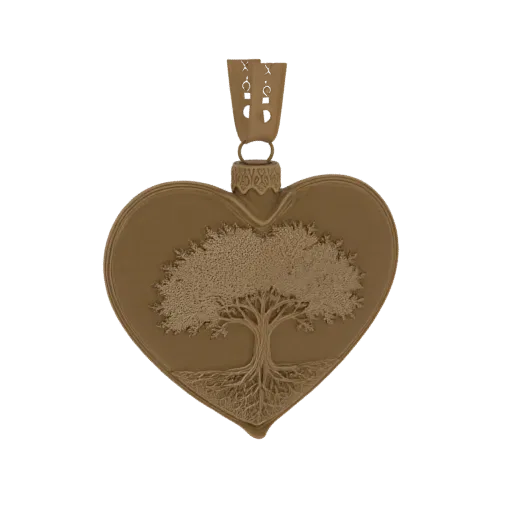 3D model of a bronze-colored heart pendant with a detailed Tree of Life design, featuring roots and branches, and a decorativ