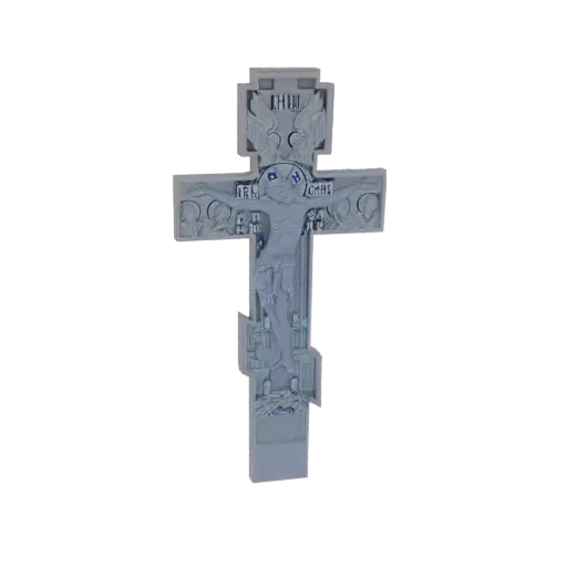 3D model of an Orthodox crucifix featuring Jesus Christ, saints, and religious symbols, rendered with intricate detail.