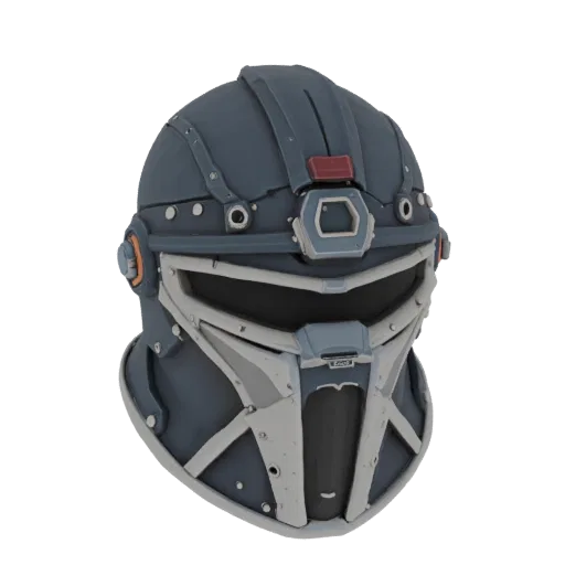 A 3D render of a dark grey and metallic grey Sci-Fi Battle Sister helmet with a dark integrated visor and orange side accents