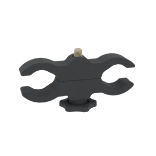 Um modelo 3D de suporte duplo preto fosco com dois braços opostos, um parafuso central e um manípulo de ajuste lateral.