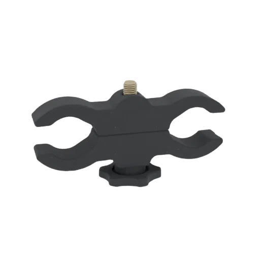 A 3D model of a matte black dual clamp mount with two opposing arms, a central screw, and a side adjustment knob.