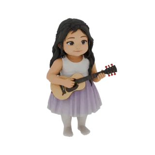 Modèle 3D d'une fille chibi aux longs cheveux sombres, portant un haut blanc et une jupe violette, jouant du ukulélé.