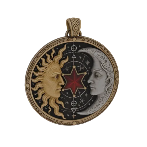 3D model of a circular pendant featuring the Sun and Moon facing each other, a red star at the center, and astrological symbo