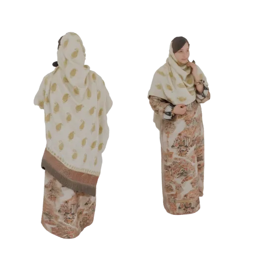 3D model of a woman from the front and back, wearing a traditional dress with paisley and floral patterns.