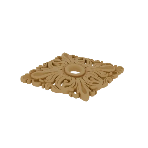 Modello 3D di un intaglio quadrato in legno ornato con intricati motivi a volute e un'apertura circolare centrale, reso con u