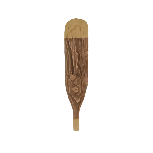 A 3D model of a rustic wooden oar with detailed wood grain and knot textures, presented on a white background.