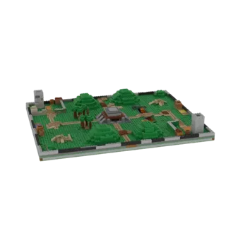 3D-Modell einer Lego-Stil Miniatur-Spielkarte mit zentralem Tempel, grünen Terrain, Wegen und Wachtürmen.