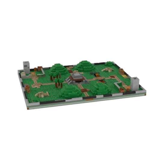 Modello 3D di una mappa da gioco in miniatura in stile Lego con tempio centrale, terreno verde, sentieri e torri di guardia.
