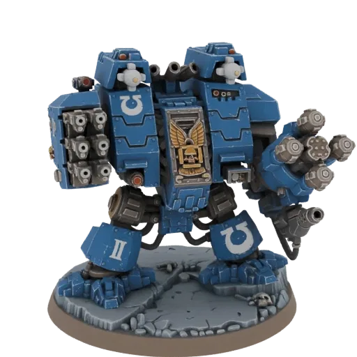 A detailed 3D render of a blue Space Marine Dreadnought, a large robotic walker with twin lascannons, standing on a rocky bas