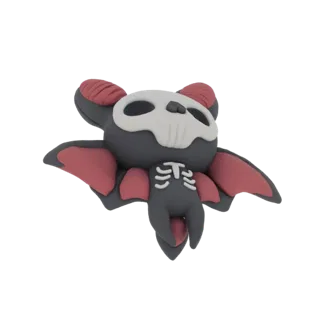 3D-Modell einer gotischen Fledermausfigurine mit Skelett-Design, die einer Tonplastik ähnelt, mit Totenkopfgesicht und roten