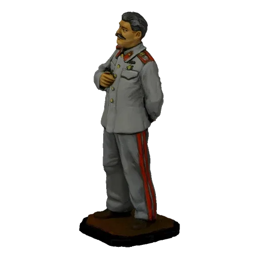 3D model of a miniature of Joseph Stalin in a grey military uniform with red trim, standing on a brown base.