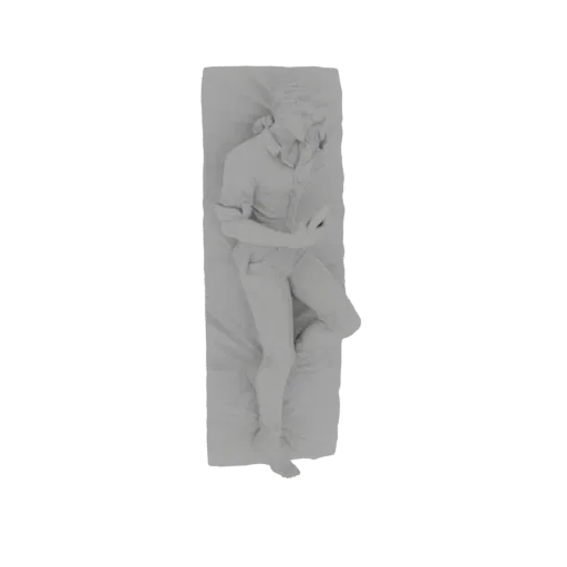 3D model of a man lying on his back on a surface, holding and reading a book.