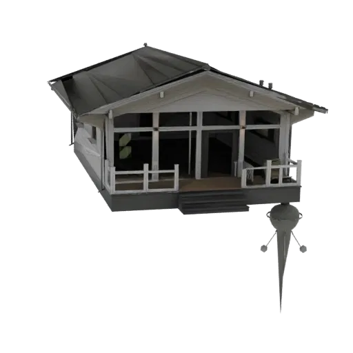 3D model of a modern white house with a wraparound porch, large windows, and an outdoor grill, set against a black background
