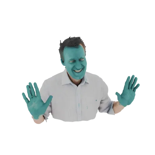 3D model of a man with a turquoise face and hands, smiling and waving with both hands raised.