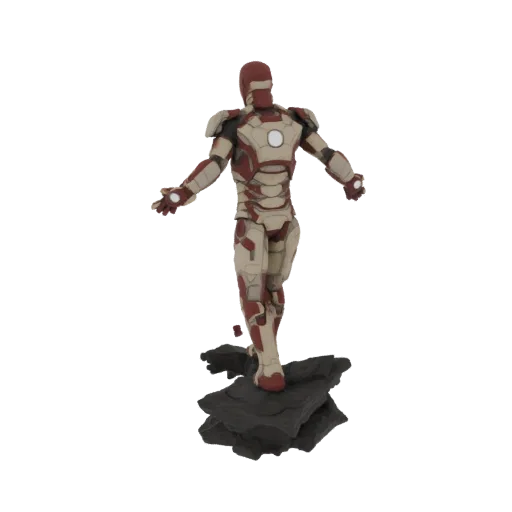 3D model of Iron Man Mark VII armor in a dynamic action pose, standing on a rocky base, viewed from the back.
