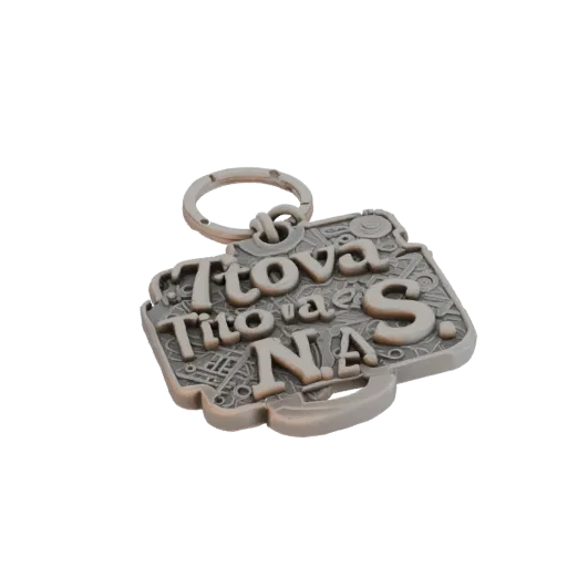 3D model of keychain with "Titova N.S." inscription, designed as a metal plate with decorative patterns.