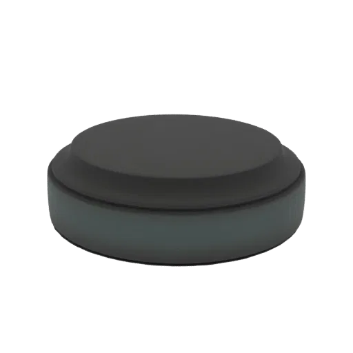 A 3D render of a dark gray cylindrical display stand with a tiered design, isolated on a white background.