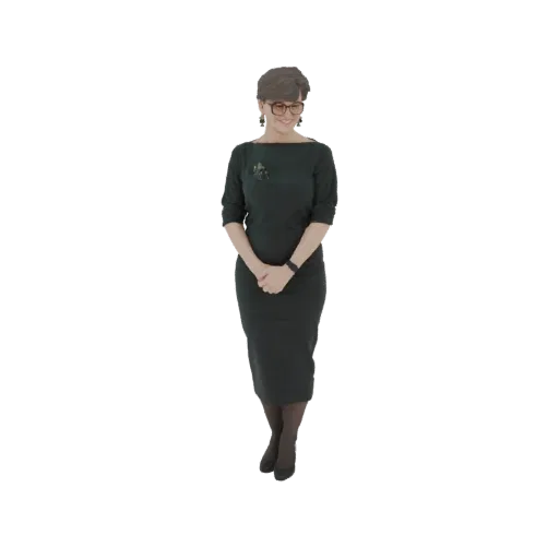 Modello 3D di donna elegante con capelli scuri corti e occhiali, indossa abito verde scuro e sta con mani giunte.