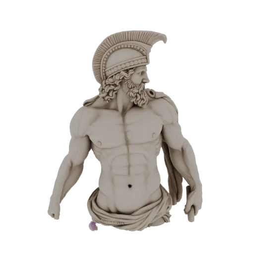 3D model of a Spartan warrior's bust, featuring a detailed Corinthian helmet and muscular physique, rendered against a black