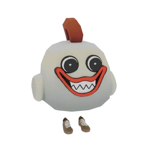 3D model of a whimsical clown character with a large smile, red hair tuft, and brown shoes.