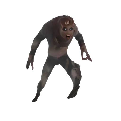 3D model render of a grotesque humanoid creature with a wide grin and unsettling blue eyes, in a dynamic pose.