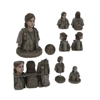 3D model bust of Ellie Williams from The Last of Us, showing her determined face and backpack.