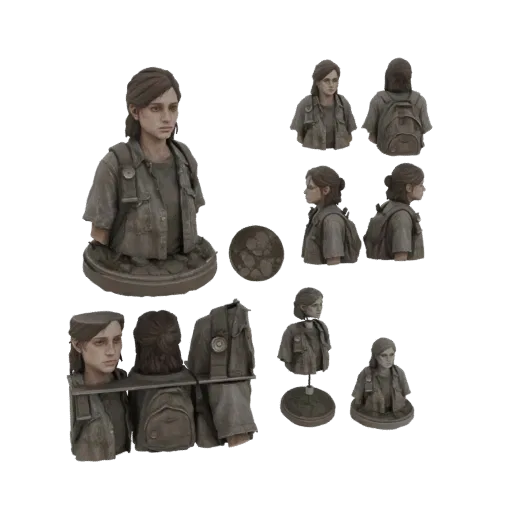 3D model bust of Ellie Williams from The Last of Us, showing her determined face and backpack.
