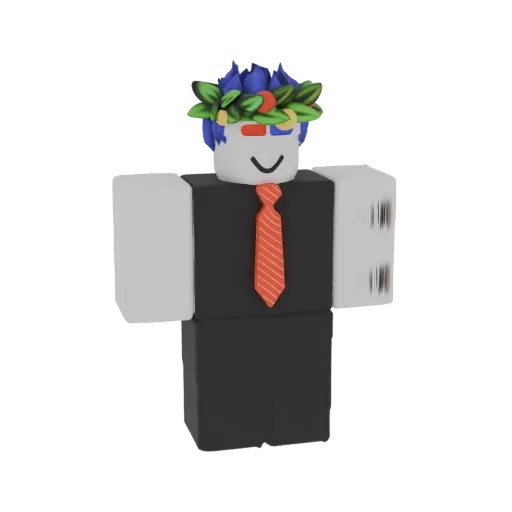 3D model of a stylized robot character wearing a suit, tie, and a green laurel wreath on its head, against a white background