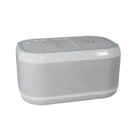 Minimal Smart Speaker 3D model, three-quarter front view, Unity viewport, showing white plastic, form detail.