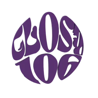 Modello 3D del logo testo 'GLOSY 106' disposto circolarmente con un font audace, viola e stilizzato.