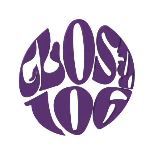 3D model of the 'GLOSY 106' text logo in a circular arrangement with a bold, purple, stylized font.