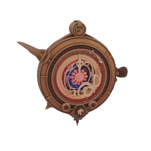 A detailed 3D render of an ornate celestial compass with a golden-brown casing and a vibrant floral design in the center.