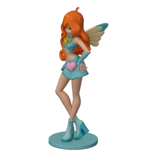 3D model of Bloom, the fairy princess, with orange hair and blue outfit, standing in a confident pose with hands on hips.