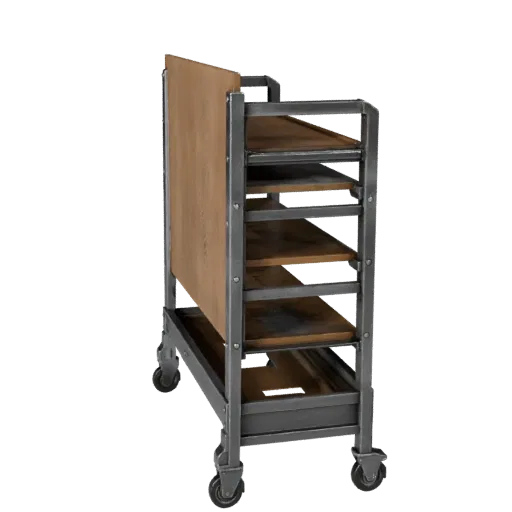 Mechanic Parts Rack 3D model, side profile view, technical viewport render, showing steel frames, stable fixtures.