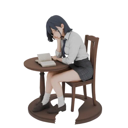 Modelo 3D de garota escolar estilo anime de uniforme, usando óculos, sentada em uma mesa de madeira e lendo um livro.