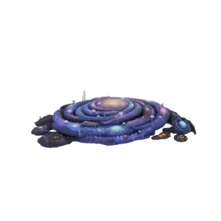 3D-Modell eines kosmischen Spiralgalaxie Gebäudes mit lebendigen lila, blauen und goldenen Nebelfarben, mit einem leuchtenden