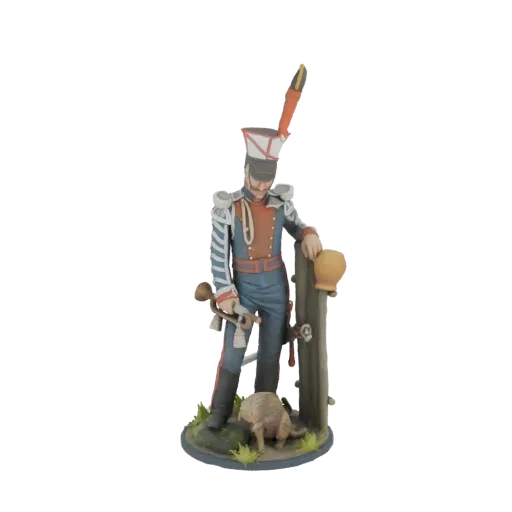 3D-Modell-Rendering eines napoleonischen Husaren in Uniform, stehend neben einem Holzpfahl mit einem Hund zu seinen Füßen, au