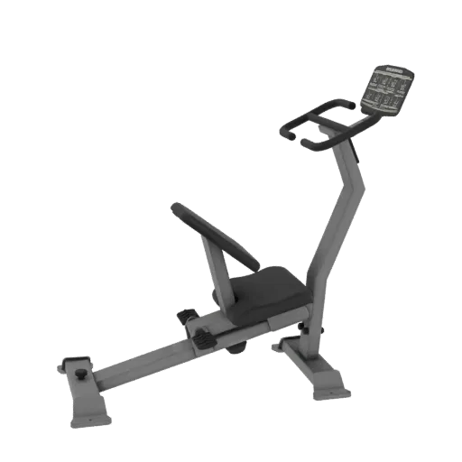 A 3D model of a gray recumbent exercise bike with a black seat and a digital display console.